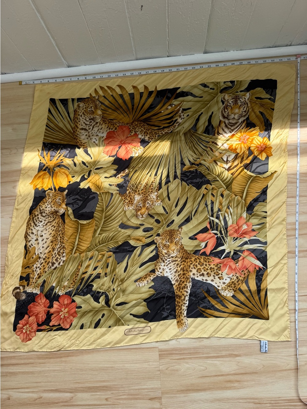 Salvatore Ferragamo Jungle Leopard & Tiger Floral Silk Scarf - Yellow Black